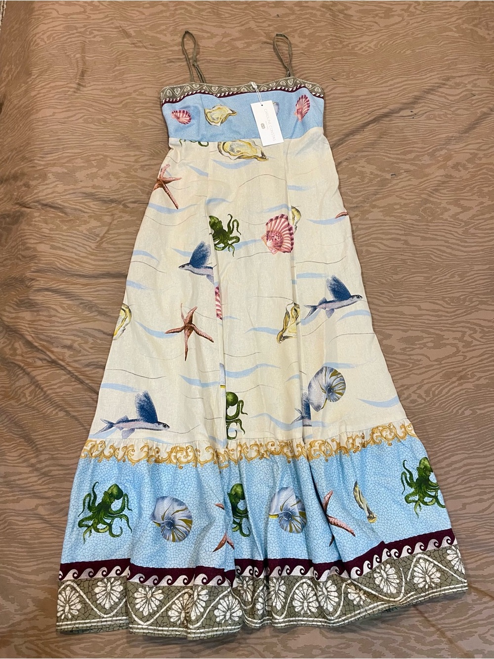 Caroline Constas Blue and Cream Seashell Print Maxi Skirt Dress